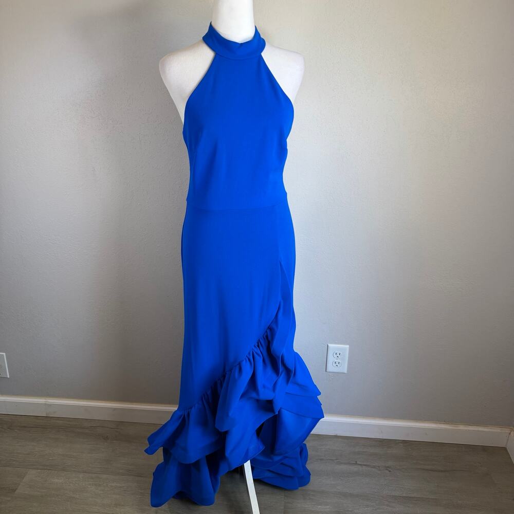 Betsy & Adam Cobalt Blue Ruffle Gown Womens 6 Halter Neck Dramatic Tiered Hem